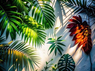 Tropical Leaf Shadow Silhouette Photography: Sunlight Dappled Wall, Nature Background