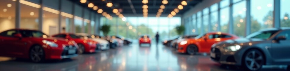 A modern car dealership showcasing vibrant vehicles in a well-lit showroom.