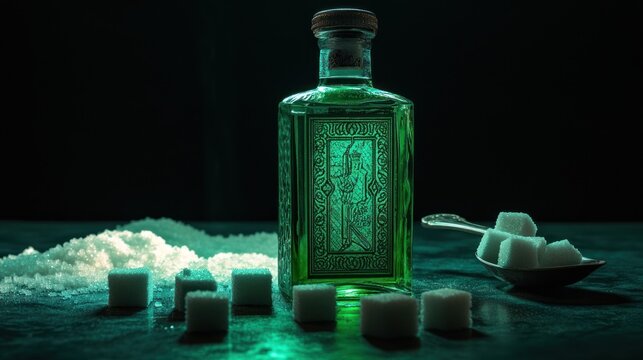 Absinthe Elixir: A Mystical Green Bottle with Sugar Cubes