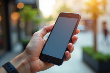 A person holding a smartphone in a modern urban environment.