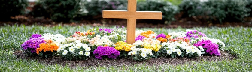 Fototapeta premium Grave flowers cross cemetery remembrance peaceful