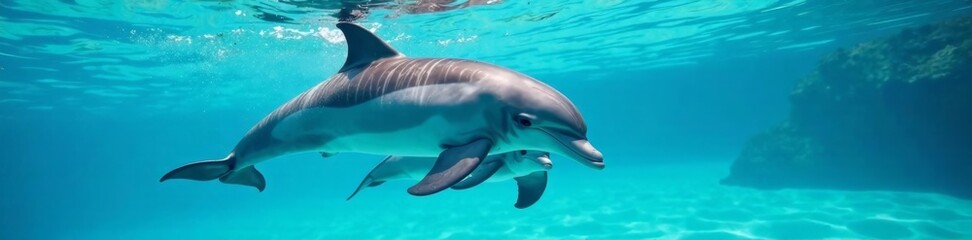A playful dolphin swimming gracefully in a clear blue ocean environment.