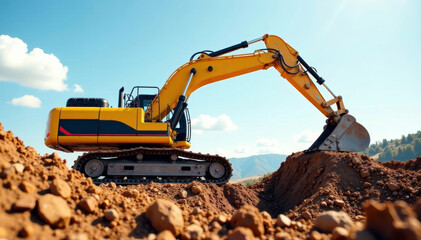 A powerful yellow excavator digging into the ground under a clear blue sky.