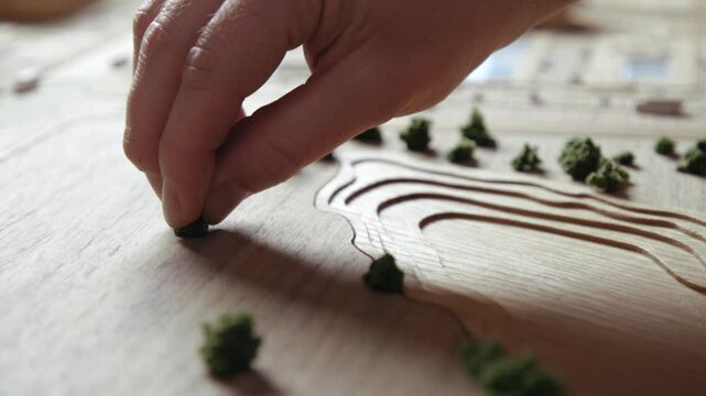 Caucasian Man Building Architecture Model by Hands Close Up. Adult Person Constructing Town and Making Wooden Landscape with Nature. Worker Crafts Tech Prototype of Eco Friendly Lifestyle for People