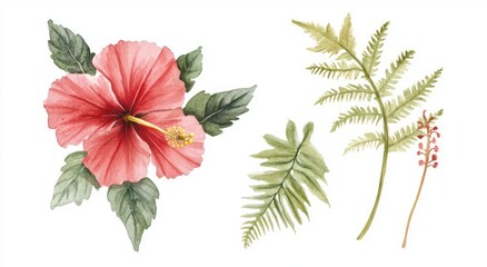 Set of watercolor tropical flowers and leaves, hibiscus flower and fern leaf isolated on a white background,
