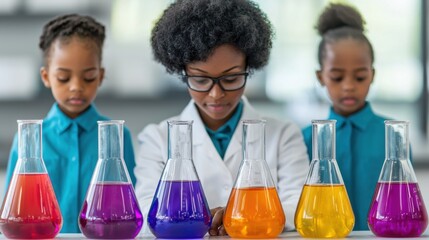 Women’s History Month concept. A Teacher Guiding Young Students in a Science Experiment