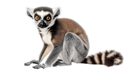 lemur sitting in a relaxed pose. showcasing its distinctive large eyes. striped tail. and soft fur its unique facial markings and posture highlight its playful yet curious nature. making it an intrigu