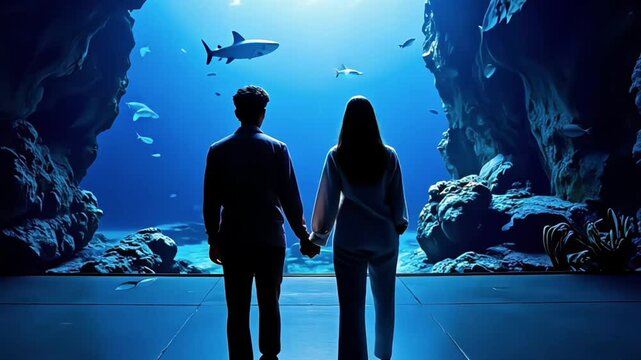 Couple holding hands while watching fish underwater in large aquatic exhibit. Relaxing and peaceful moment in aquarium with diverse marine life
