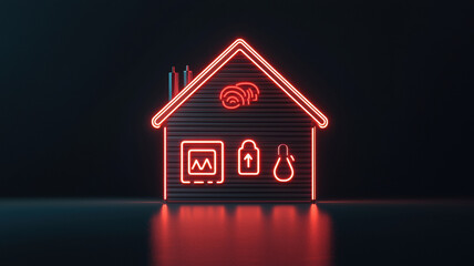 Futuristic energy efficient home glowing with advanced technology icons