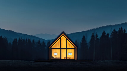 modern, energy efficient home glows warmly in forested landscape
