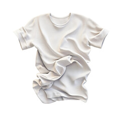 A wrinkled white t-shirt displayed on a transparent background.