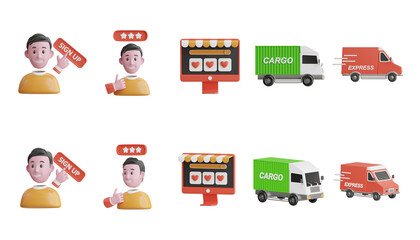 Sign Up button, Thumbs up, rating, Cargo truck, and Express delivery truck. 3D Icon High Quality Render