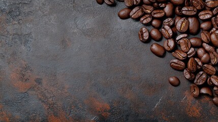 Close-Up of Freshly Roasted Coffee Beans on Dark Textured Surface for Food Photography, Cafe Promotion, or Coffee Shop Branding Projects