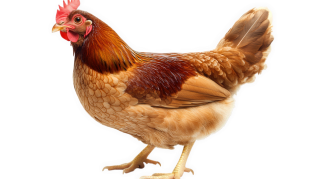 brown chicken standing on a white background. showcasing its feathers and prominent features like the comb and wattles this depiction highlights the chicken's natural beauty and could be used for educ