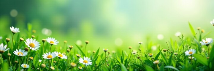 A vibrant field of daisies surrounded by lush green grass and soft sunlight.