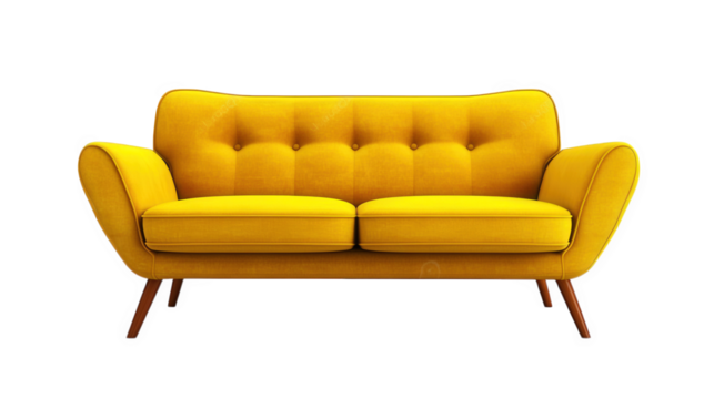 stylish yellow sofa with a modern design. showcasing a tufted upholstery and wooden legs. ideal for contemporary living spaces its vibrant color and comfortable appearance make it a perfect addition t