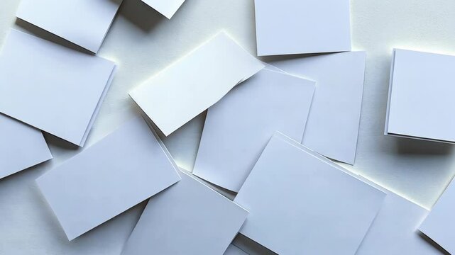 Collection of blank white rectangular cards scattered on a light surface in a creative workspace