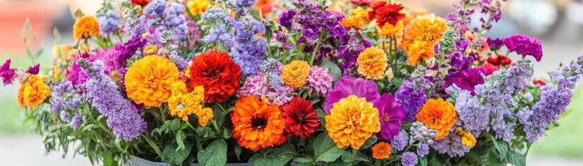 Colorful summer flower bouquet, outdoor setting