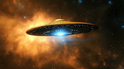 Obraz premium Golden spaceship hovering in a cosmic nebula, glowing bright light.