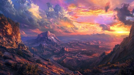 Naklejka premium Majestic Sunset Over Dramatic Mountain Range