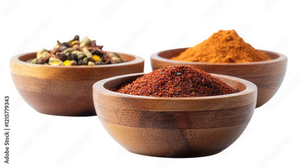 Wall mural three wooden bowls filled with different types of spices one bowl contains a mix of whole spices. another has a vibrant orange spice. and the third features a red spice blend this visually appealing a