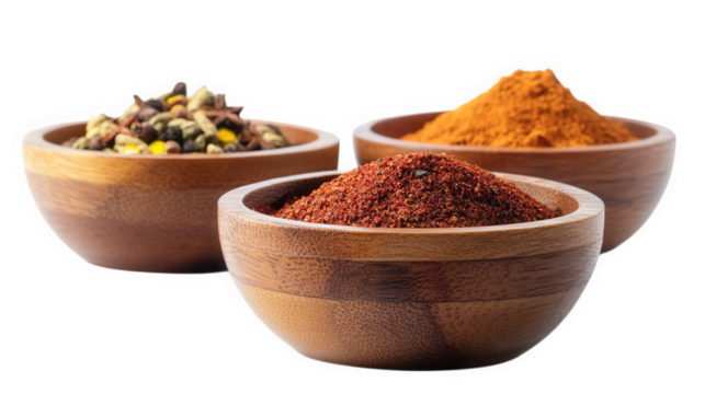 three wooden bowls filled with different types of spices one bowl contains a mix of whole spices. another has a vibrant orange spice. and the third features a red spice blend this visually appealing a