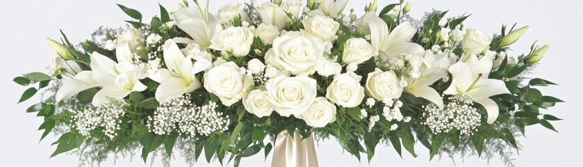 White lilies and roses funeral arrangement.  Studio shot. Sympathy