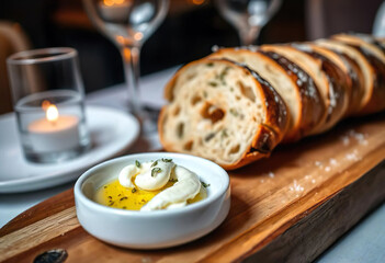 A wooden boarder with freshly baked bread cut and olive oil and butter