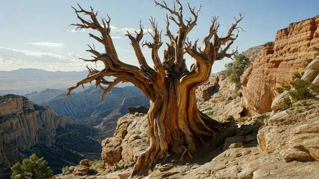 Ancient twisted tree stands alone on a rocky cliff in a rugged mountainous landscape under bright blue sky