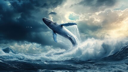 Majestic Humpback Whale Breaching Through Powerful Ocean Waves Beneath Dramatic Stormy Sky with Atmospheric Clouds and Birds in the Background