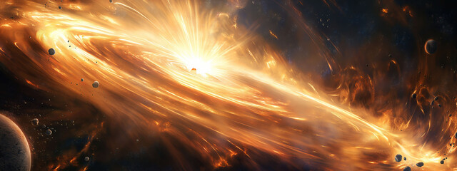 Massive black hole emits gravitational waves and light jets amid swirling cosmic debris in a bold cosmic display