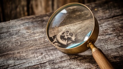 Magnifying glass on wood, gears magnified, workshop background, detail, investigation