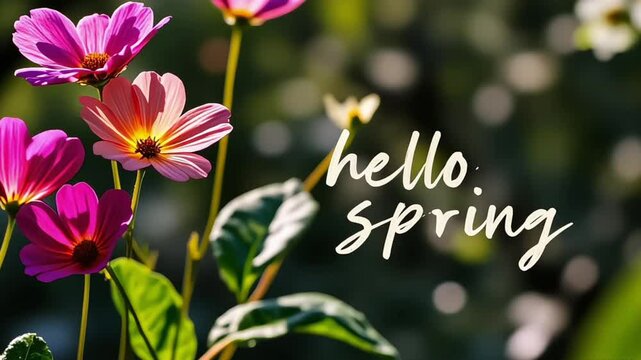 Hello Spring: A vibrant bouquet of colorful spring flowers in bloom, bathed in warm sunlight, with the message "Hello Spring" overlayed, creating a joyful and hopeful atmosphere