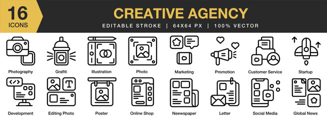 Creative Agency icon set. Editable Stroke Icon Collection. Includes creative, professional, business, work, office, teamwork, and More. Outline icons vector collection.