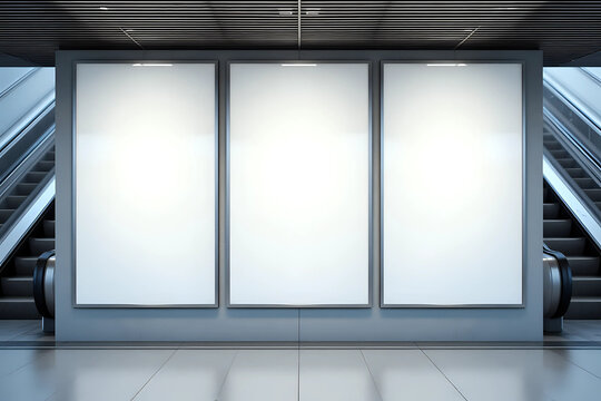 Blank poster mockup in metro station. Three big vertical / portrait orientation blank poster with metro escalator background.