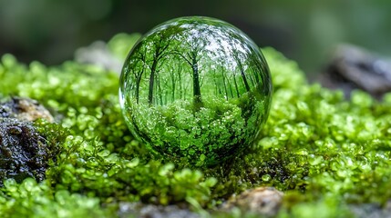 Glass Sphere Reflecting Forest Scene on Moss