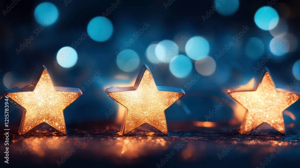 Poster three illuminated star-shaped lights on a dark background with blue bokeh.