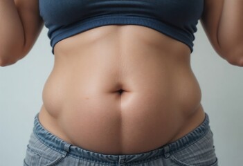 Close-up of an adult woman's bloated abdomen, showcasing digestive discomfort and health issues.