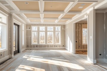 Spacious room under construction, featuring coffered ceiling and large windows. Ideal for showcasing home renovation, interior design, or real estate projects.