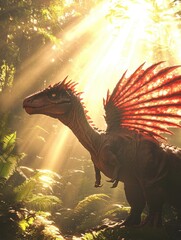 Red-winged dinosaur in sunlit jungle. Fantasy art, book cover, game asset