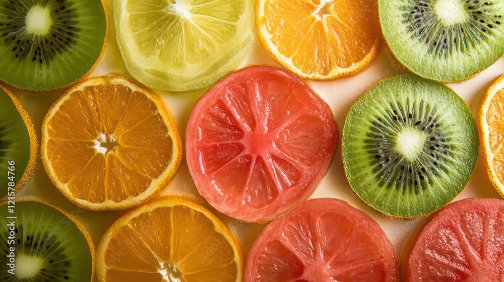 Poster colorful citrus fruit and kiwi slices arranged in a pattern.