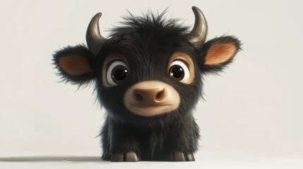 Obraz premium Cute cartoon baby yak illustration with big eyes and fluffy fur