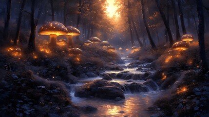 Glowing Mushrooms Forest Stream Fantasy Artwork