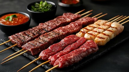 Grilled Skewers with Varieties of Meat, Sauces, and Fresh Herbs on a Dark Stone Surface for a Delicious Culinary Presentation