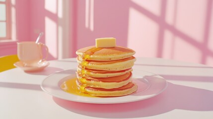 Delicious Stack of Fluffy Pancakes with Melted Butter and Maple Syrup on a Bright Pink Background Capturing Morning Breakfast Vibes