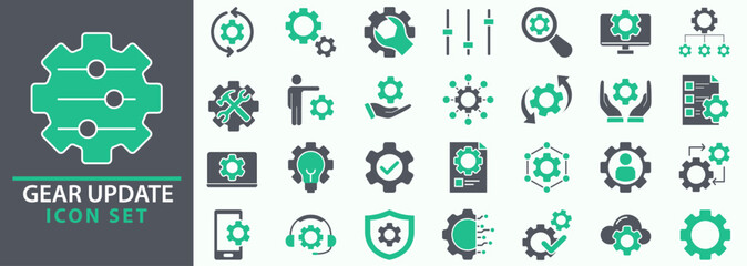 Gears icon set. Set of icons related to gears, control, tool, system. Linear icon collection. Gear update icons collection. Vector illustration.