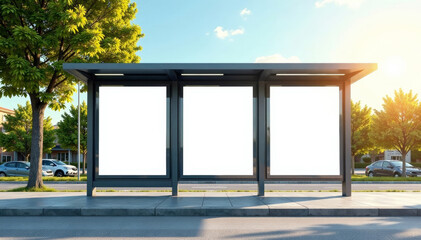 Fototapeta premium Modern bus stop with empty advertisement panels under clear sky and bright sunlight.