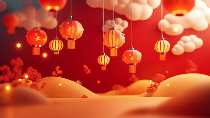 A cartoon-inspired scene features a red background with auspicious clouds, hanging lanterns, and yellow rolling hills. The vibrant colors and festive design capture the essence of the Spring Festival.