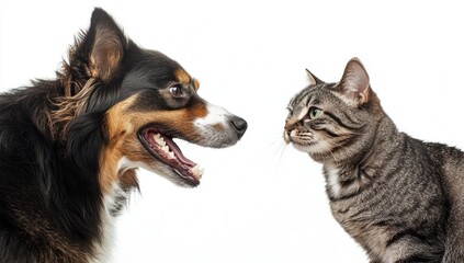 Obraz premium A Playful Interaction Between a Happy Dog and a Curious Cat in a Studio Setting with a Bright White Background