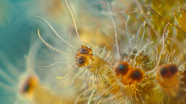 Microscopic View of a Fungal Spore with Hair-like Structures in a Teal Background